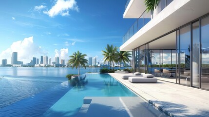 Luxurious modern villa with infinity pool overlooking Miami skyline, architectural 3D rendering