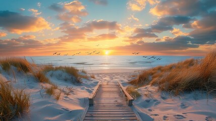 a wooden boardwalk leading to the sea at sunset, offering a mesmerizing panoramic view of dunes, grassland landscape, and seagulls soaring against a stunning sky.