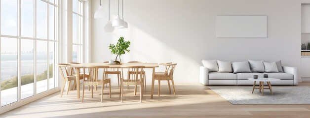Fototapeta premium a dining room featuring a white table, chairs, and sofa set against a panoramic window backdrop on a wooden floor, exuding sophistication and style.
