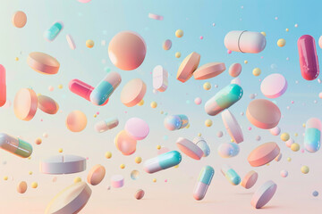 Medicine pill levitating in the air, innovative medication healthcare concept. - obrazy, fototapety, plakaty
