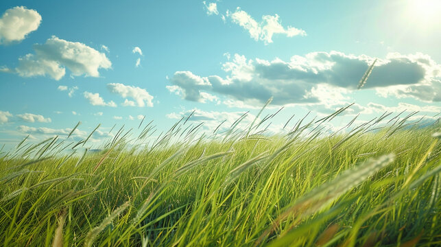 Under a sunny sky lush green grasslands stretch into the horizon offering a picture landscape for nature