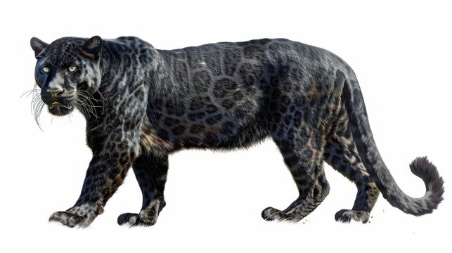 Majestic Black Panther, Powerful Feline Predator, Isolated on White, Wild Animal Portrait, Digital Painting