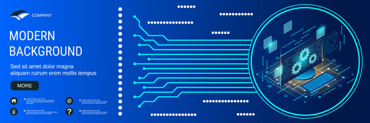 Digital technology banner vector design template. Information computing, data processing flat 3d isometric concept