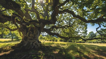 Majestic old tree with gnarled trunk and sprawling branches, ancient forest landscape, nature photography