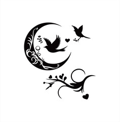 The vector illustration of a Dove with a branch silhouette icon, with a crescent moon is suitable as a complement to wedding designs