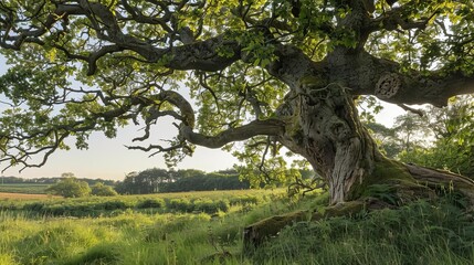 Fototapeta na wymiar Majestic old tree with gnarled trunk and sprawling branches, ancient forest landscape, nature photography