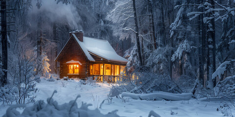 an image of a cozy cabin in the woods, with smoke curling from the chimney and a warm glow emanating from the windows on a snowy evening realistic stock photography