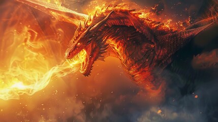 Majestic Red Giant Dragon Breathing Fire, Mythological Creature Portrait, Fantasy Art