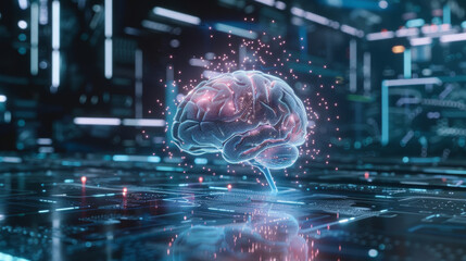 Obraz premium Close up of 3D brain hologram suspended in mid-air on digital interface background, human brain research and diagnostics concept.