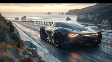 New modern sports car speeds along the coastal highway on holiday