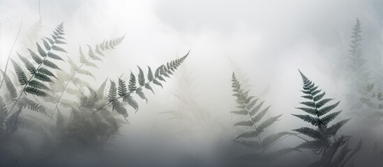 A monochrome photograph capturing the serene atmosphere of a foggy natural landscape, with a close up of a fern leaf resembling an eyelash in the misty grey fog