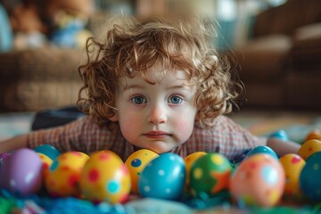 Curly-haired toddler with big blue eyes lies amongst a multitude of colorful Easter eggs, creating a playful and joyous scene.