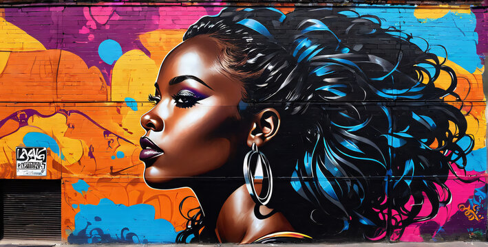 Profile of a young woman in graffiti style. Luxurious jewelry, bright colors, makeup.