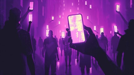 A flat illustration of an outstretched hand holding up a glowing phone screen, surrounded by shadowy figures on their phones in the background - obrazy, fototapety, plakaty