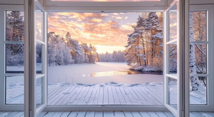 A beautiful winter landscape outside the window, with snow covered trees and a frozen lake under soft pink sunset sky