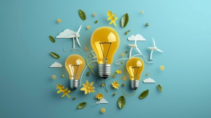 A light bulb is surrounded by flowers and leaves, with a blue background. Concept of creativity and imagination.