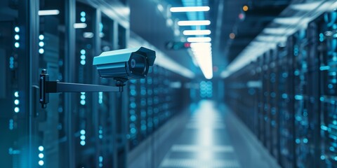 A security camera overlooking server racks in a datacenter for monitoring purposes