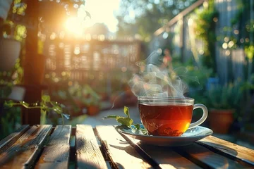 Fototapeten Cup of hot tea, served on the wooden table with morning sunlight. © amankris99