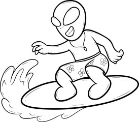 alien is riding a surfboard in the ocean