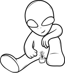 cartoon alien is sitting on the ground with a flower in its hand