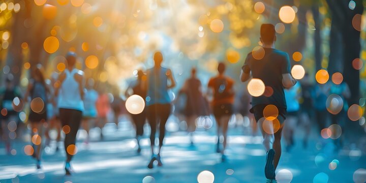People participating in a charity walkrun event on World Health Day with a bokeh background. Concept Charity Walk/Run, World Health Day, Bokeh Background, Participants, Event