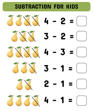 Subtraction with pears. Educational math game for kindergarten. Vector illustration