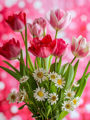 Fototapeta premium red and white spring flowers with daisys, fresh, beautiful, green, pink, background