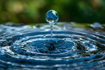 A drop of water falls from earth in a water saving concept.