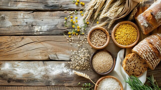Organic food products, gluten free grains and bread on wooden background, top view