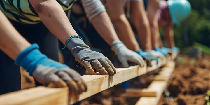 Volunteers building a house for a family in need showcasing teamwork generosity and the transformative impact of selfless actions. Concept Community Service, Teamwork, Generosity, Impact