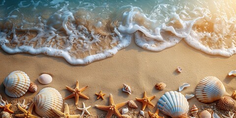 Fototapeta na wymiar A serene summer scene on the coastline with sandy shores, azure waters, and scattered seashells and starfish.