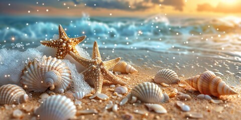 On a sandy shore, waves splash against seashells and starfish, under a sunny blue sky.