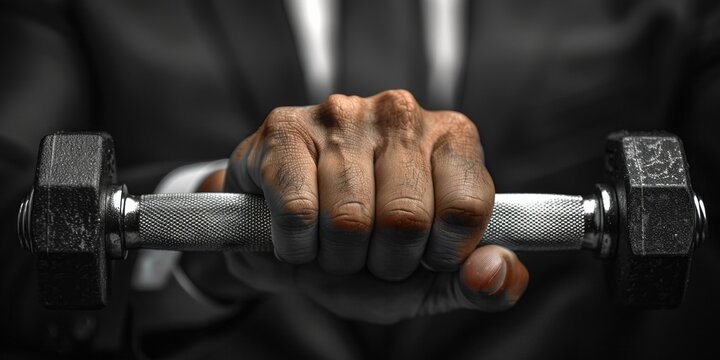 A man in a suit clenches his fist around a dumbbell, symbolizing determination and resilience.