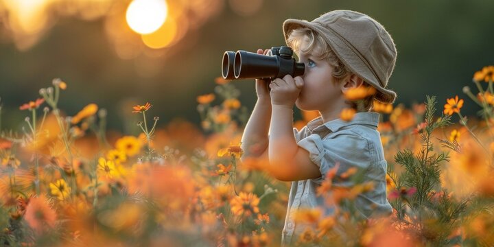 A curious little boy in a hat explores a blooming meadow with binoculars.