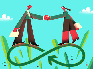 Businessman and businesswoman shaking hands on top of circular economy icon