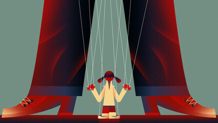 Large man controlling small female puppet