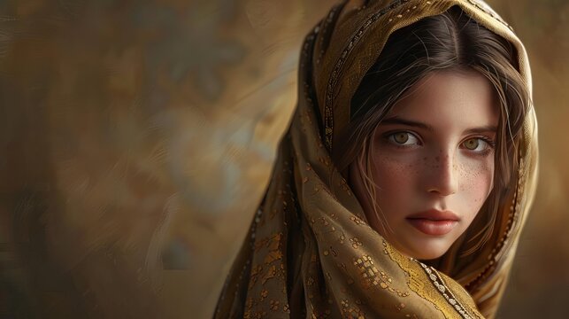 Pious biblical woman character in traditional shawl looking at camera, close-up portrait, digital painting