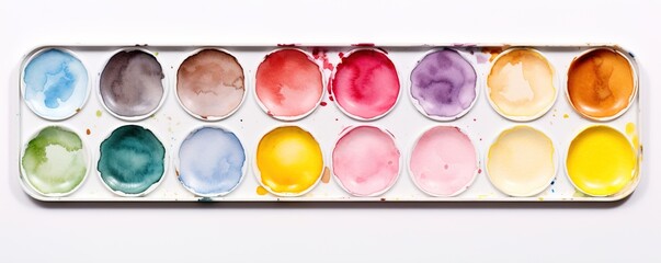 Top down view of selection watercolour paints on a white banner background - 769877907