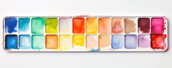 Top down view of selection watercolour paints on a white banner background