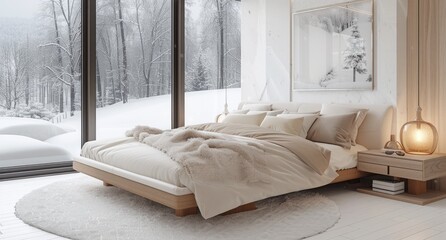 A bedroom in the snow, with white walls and floor and large windows overlooking ski slopes. Winter atmosphere - obrazy, fototapety, plakaty