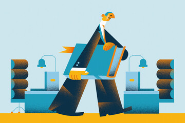 Businessman carrying large book between office desks