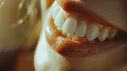 Macro shot of a smiling mouth, reflecting the optimism of a booming economy, with 20 free space on the left for contemplation of future prosperity no dust - obrazy, fototapety, plakaty