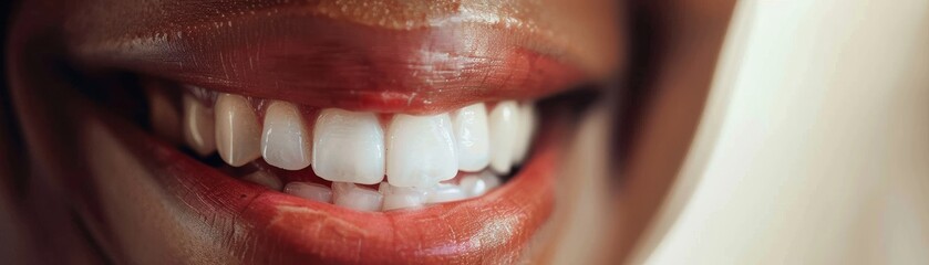 Obraz premium Macro shot of a smiling mouth after a successful stock trade, the joy of financial gain, with 20 free space on the left for expanding wealth low texture