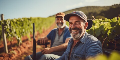Middle-aged men farmers harvest grapes on the farm. Generative AI.