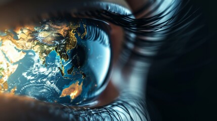 Macro shot of an eye, reflecting a world map with trading routes, 20 free space symbolizing the unexplored potential in global economy low texture