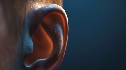 Macro shot of an ear, the subtle sound waves of economic podcasts visible, 20 free space at the top, indicating room for growth and learning hyper realistic
