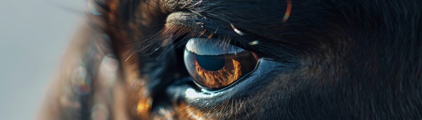 Macro shot of an eye, the pupil mirroring a bull and bear shadow, symbolizing market volatility, with 20 free space for market predictions low noise