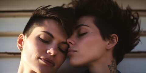 Young lesbian couple touches foreheads to each other closeup. Generative AI.