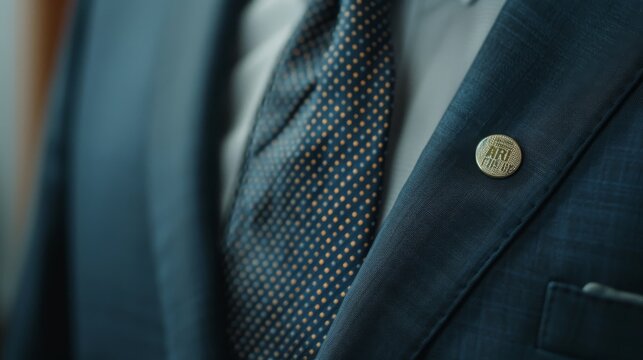 Closeup on a chest wearing a lapel pin of a stock ticker, subtle power in details, with 20 free space for market expansion low noise