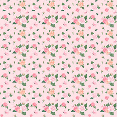 Seamless watercolor floral pattern - pink blush flowers elements, green leaves branches on pink background. for wrappers, wallpapers, postcards, greeting cards, wedding invites, romantic events